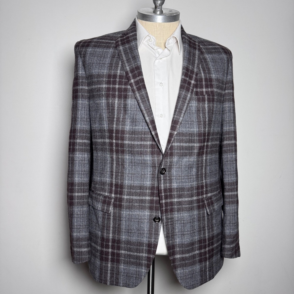 Tallia Blazer Mens 48L Gray Brown Plaid Wool Elbow Patches Sport Coat